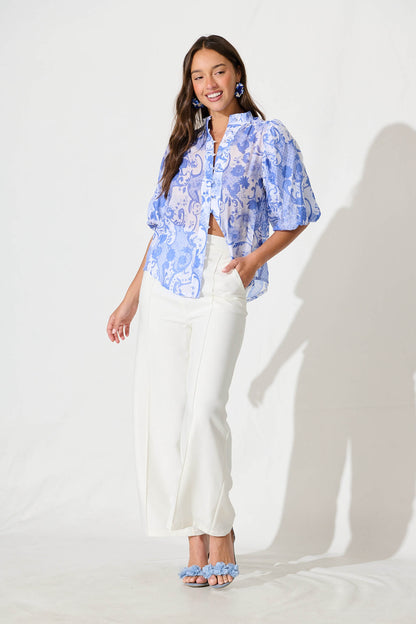 Prudence Shirt in Blue with White Print