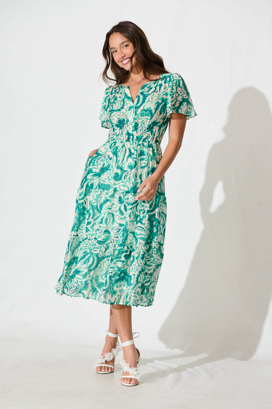 Palm Springs Midi Dress in Green and White Print