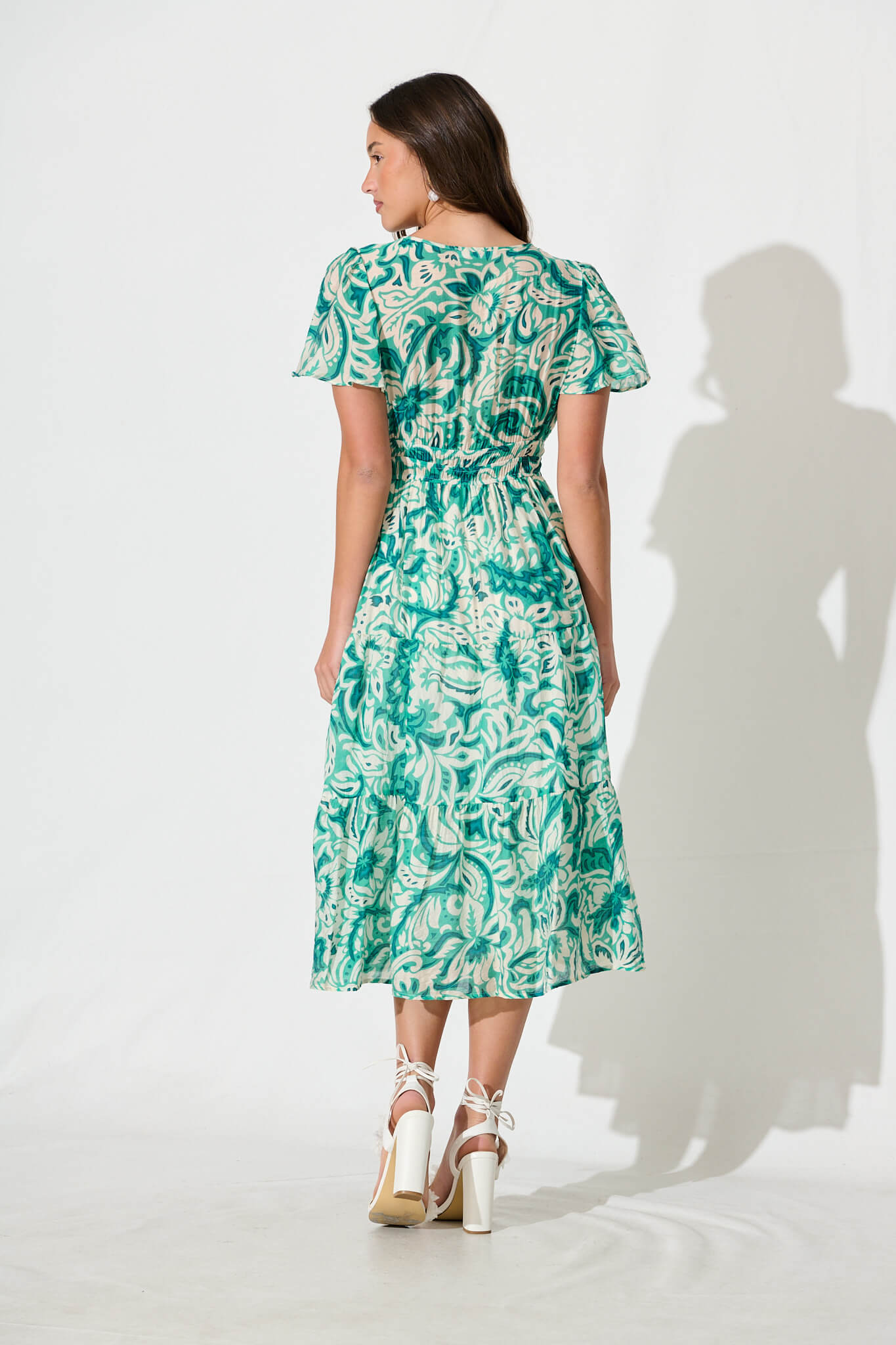 Palm Springs Midi Dress in Green and White Print
