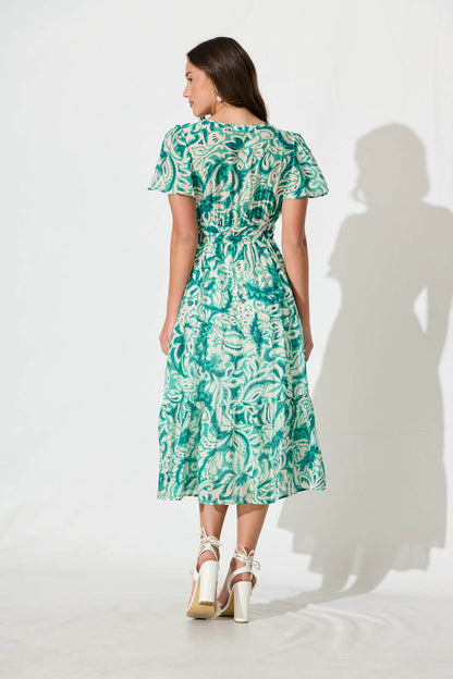 Palm Springs Midi Dress in Green and White Print