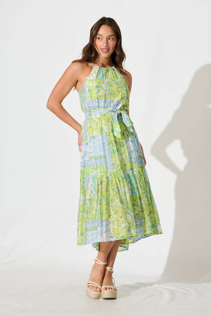 Besiana Midi Halter Neck Dress in Green Multi Patchwork