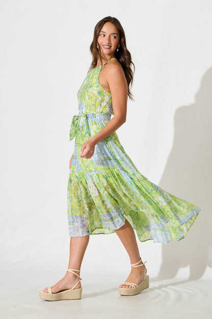 Besiana Midi Halter Neck Dress in Green Multi Patchwork