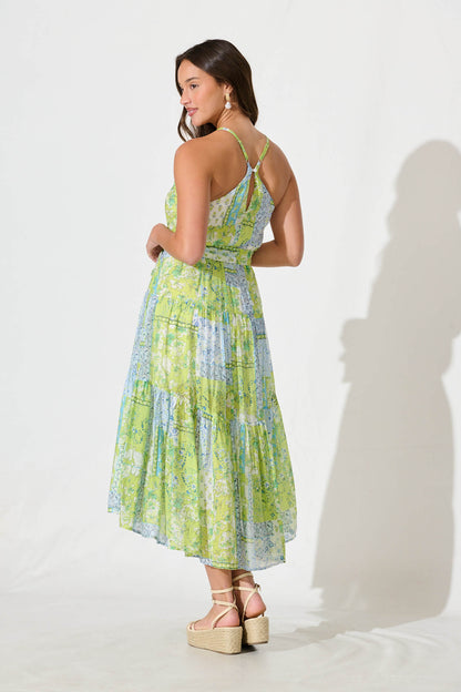 Besiana Midi Halter Neck Dress in Green Multi Patchwork