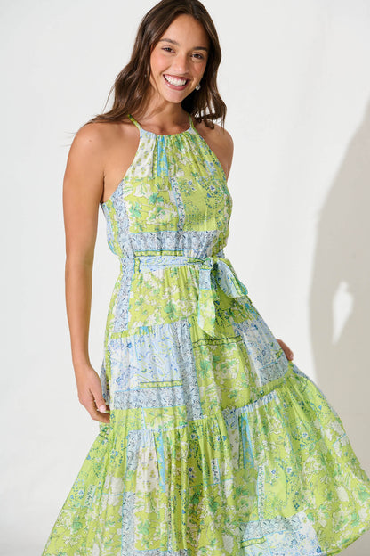 Besiana Midi Halter Neck Dress in Green Multi Patchwork
