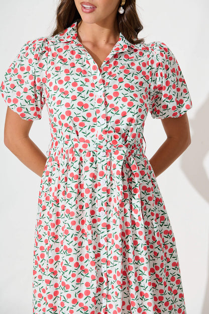 Delamere Midi Shirt Dress in White with Red Print Cotton