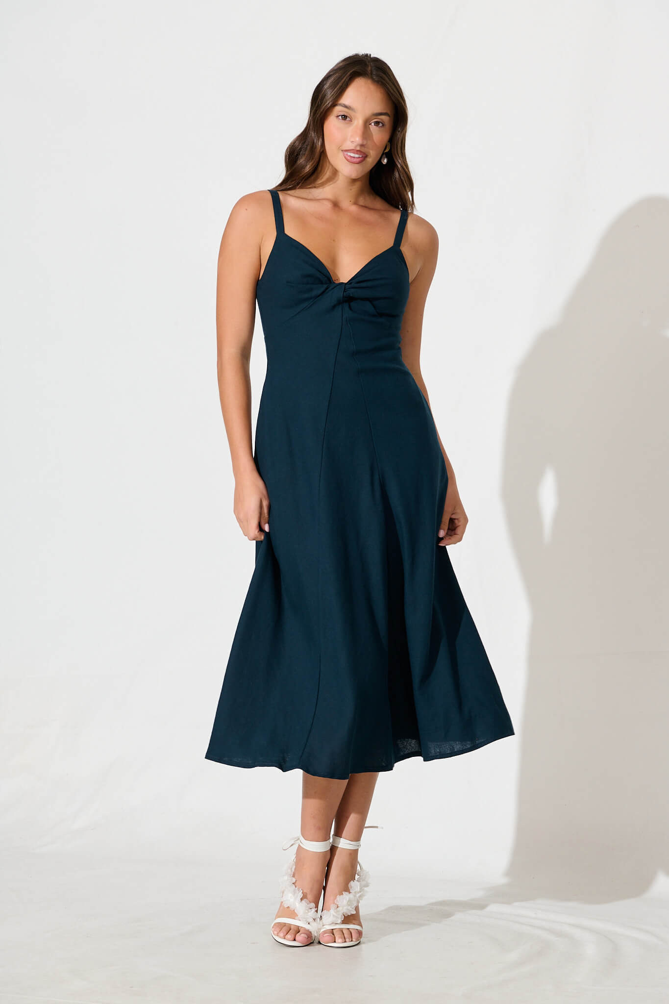 Roselani Midi Sundress in Navy Cotton Linen Blend