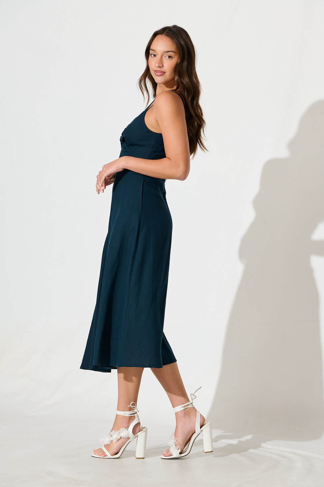 Roselani Midi Sundress in Navy Cotton Linen Blend