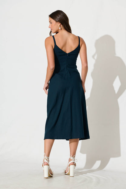 Roselani Midi Sundress in Navy Cotton Linen Blend