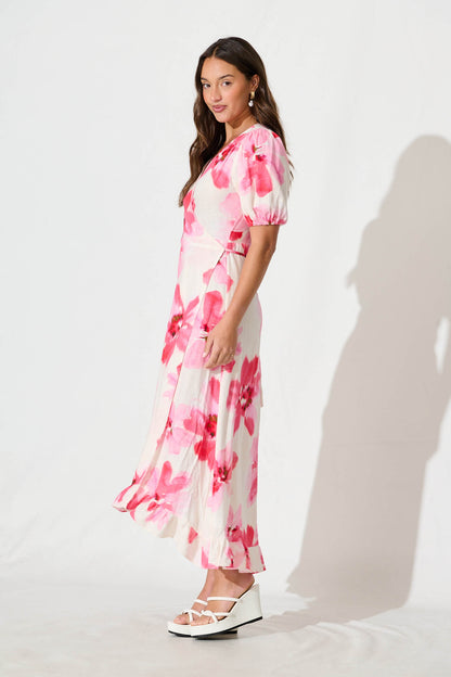 Annina Midi Wrap Dress in White with Pink Floral Linen Blend