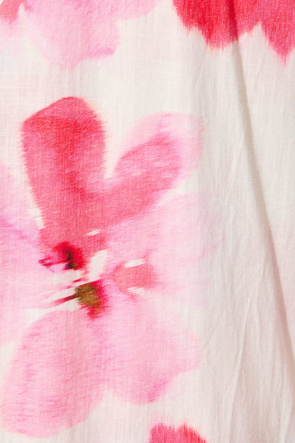 Annina Midi Wrap Dress in White with Pink Floral Linen Blend