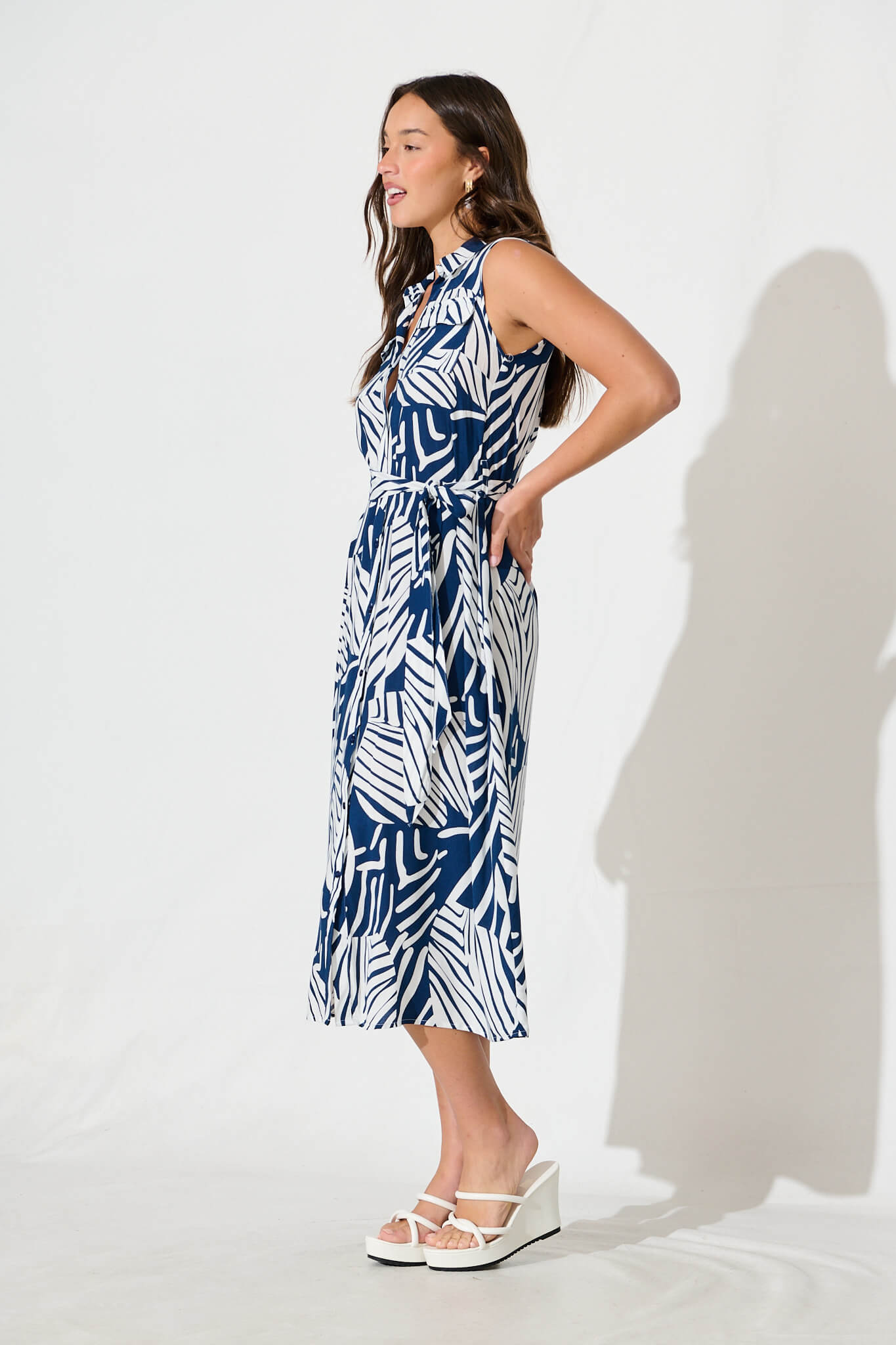 Lahira Midi Shirt Dress in Navy with White Print