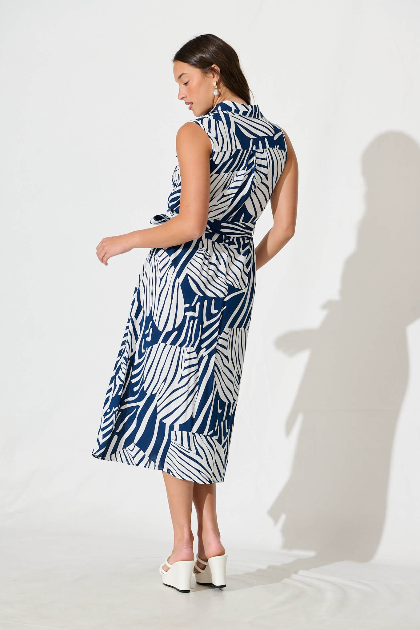 Lahira Midi Shirt Dress in Navy with White Print