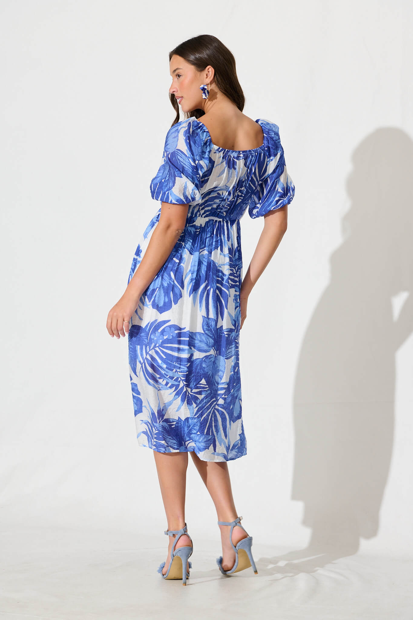 Lavita Midi Dress in Blue Leaf Print