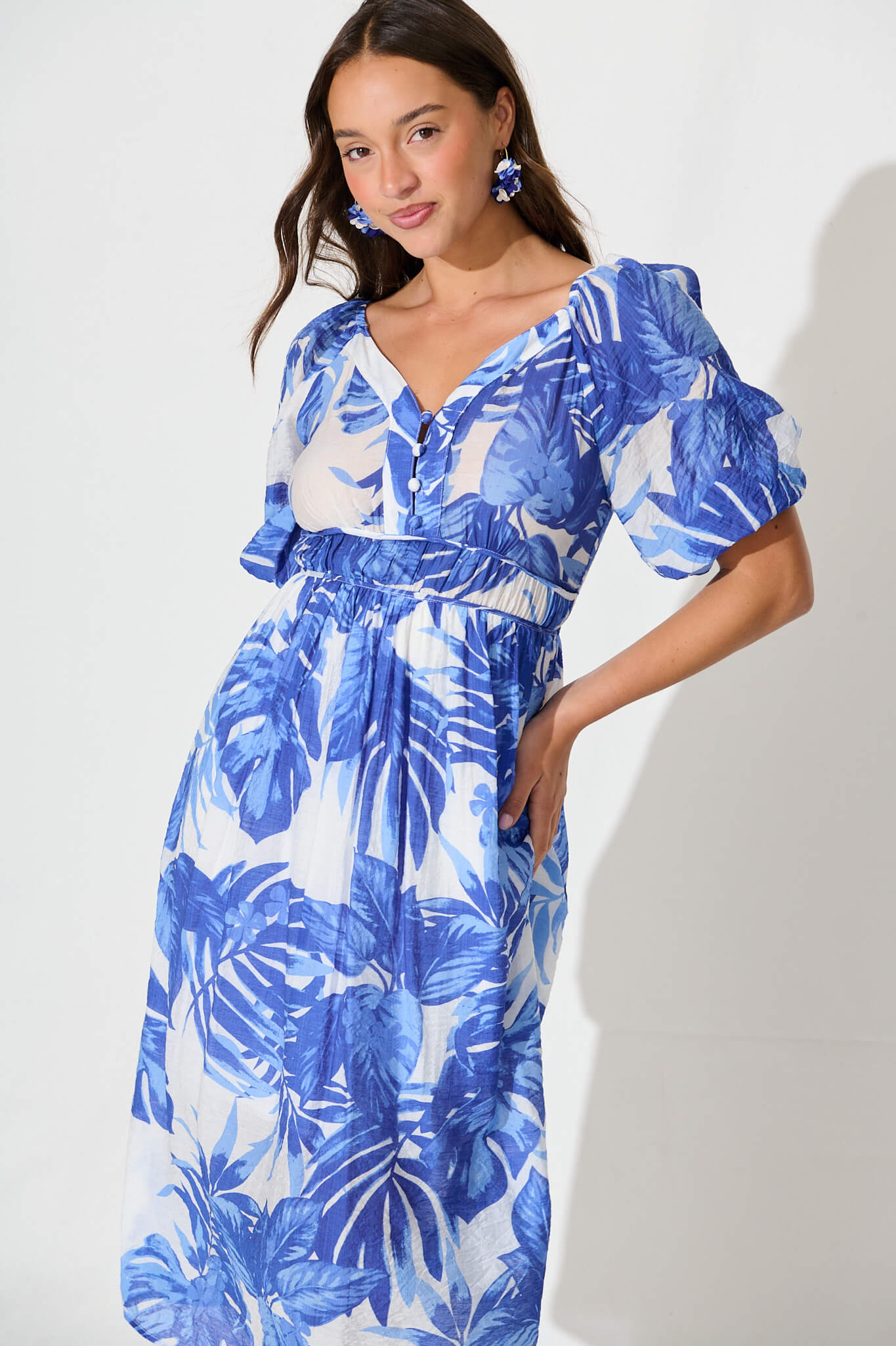 Lavita Midi Dress in Blue Leaf Print