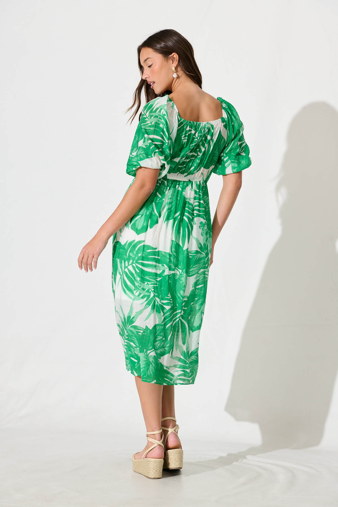 Lavita Midi Dress in Green Leaf Print