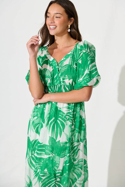 Lavita Midi Dress in Green Leaf Print