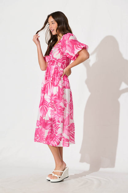 Lavita Midi Dress in Pink Leaf Print