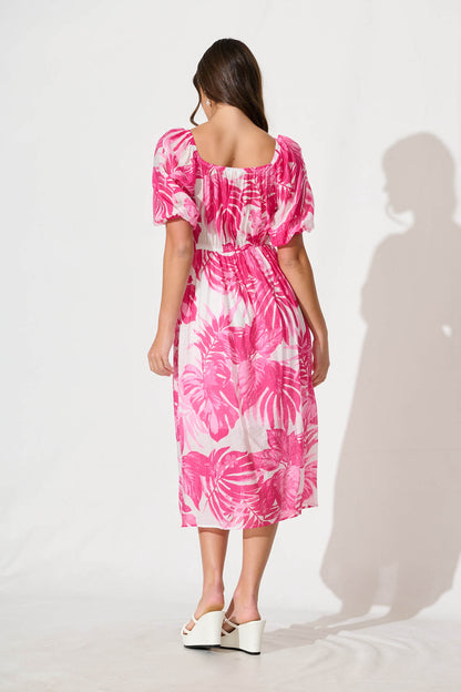 Lavita Midi Dress in Pink Leaf Print