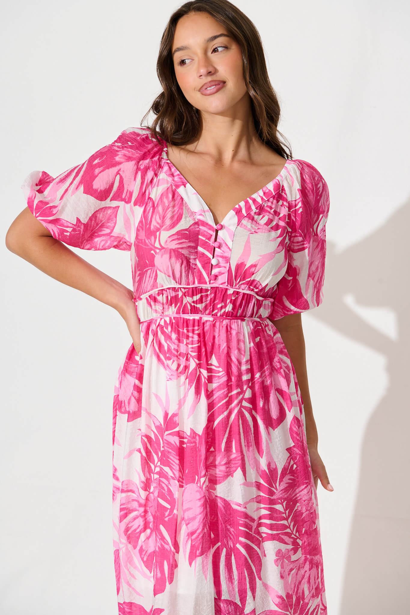 Lavita Midi Dress in Pink Leaf Print