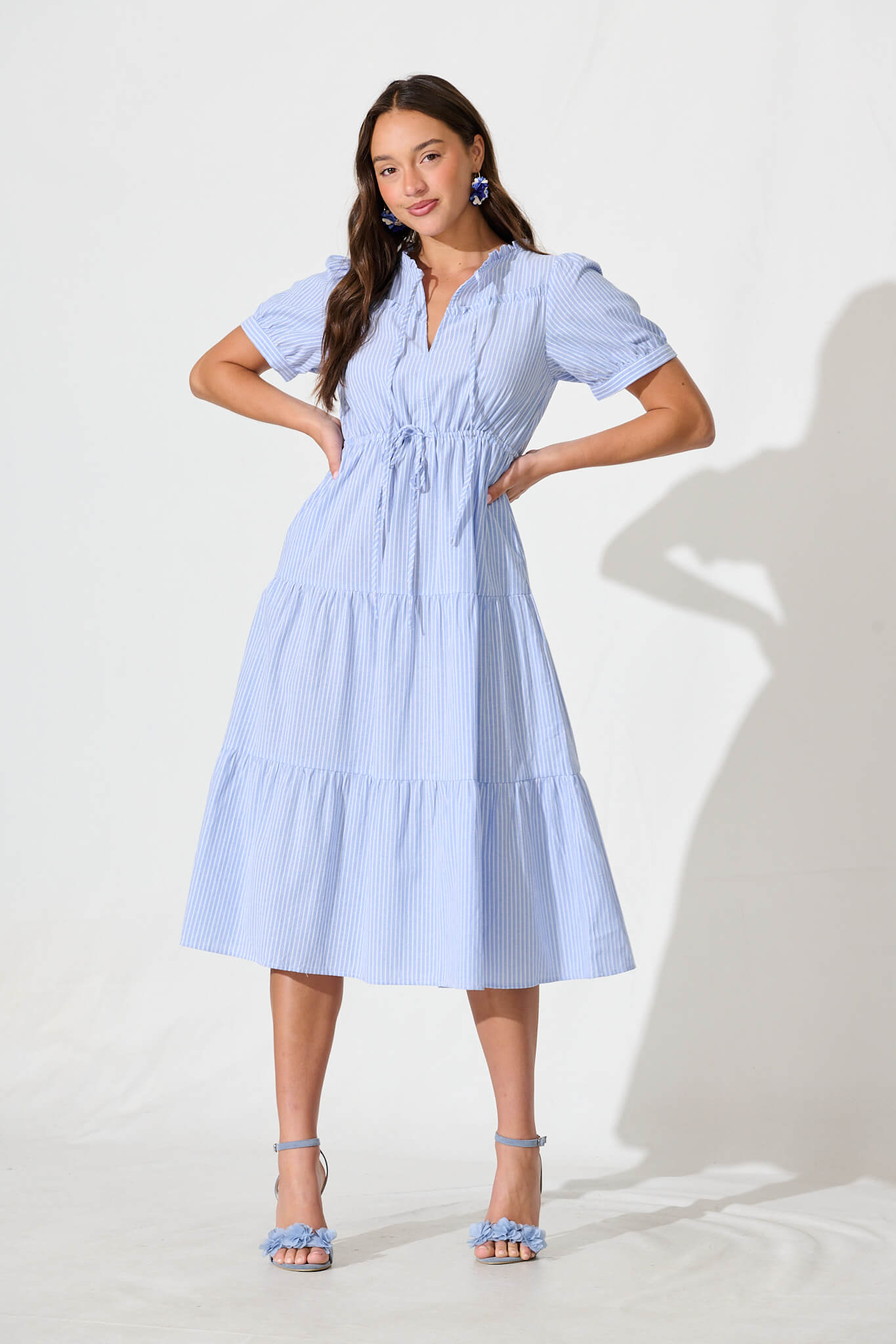 Micah Midi Dress in Blue and White Stripe Cotton Blend