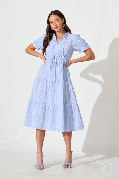 Micah Midi Dress in Blue and White Stripe Cotton Blend