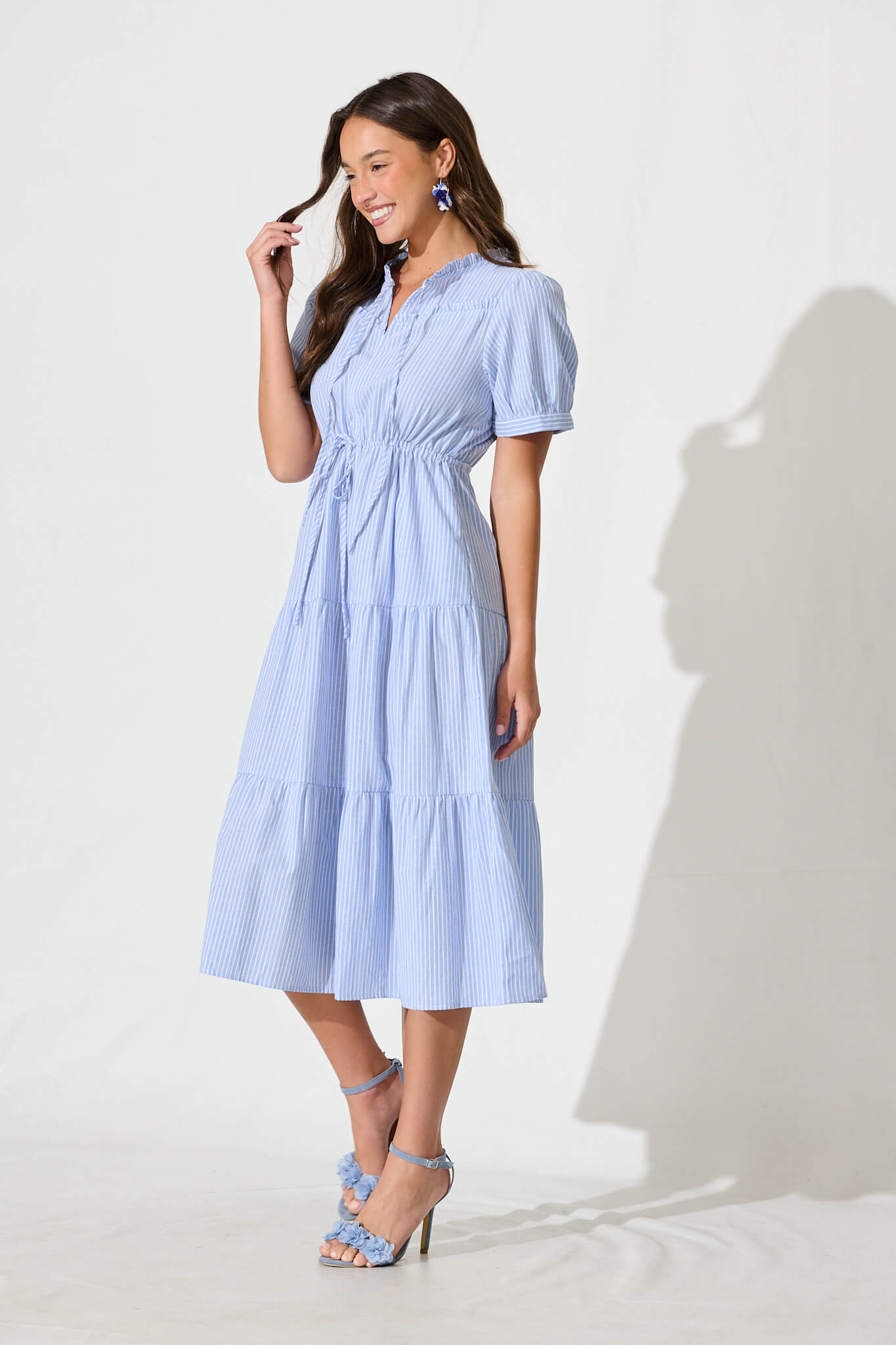 Micah Midi Dress in Blue and White Stripe Cotton Blend