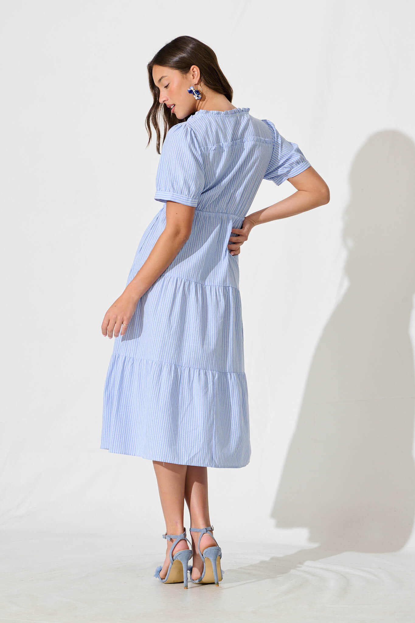 Micah Midi Dress in Blue and White Stripe Cotton Blend