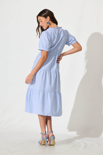 Micah Midi Dress in Blue and White Stripe Cotton Blend