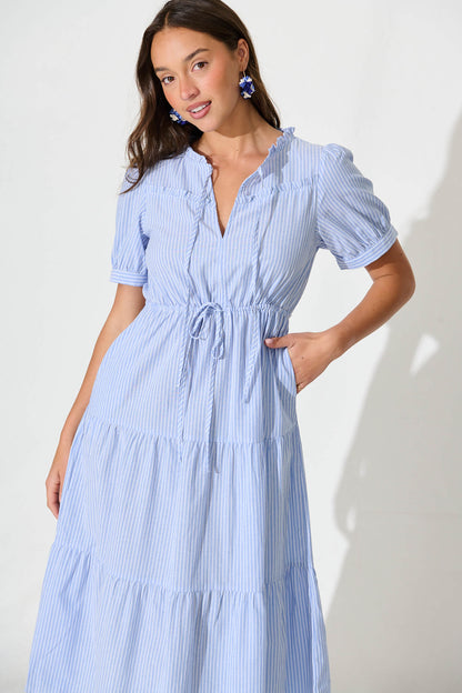 Micah Midi Dress in Blue and White Stripe Cotton Blend