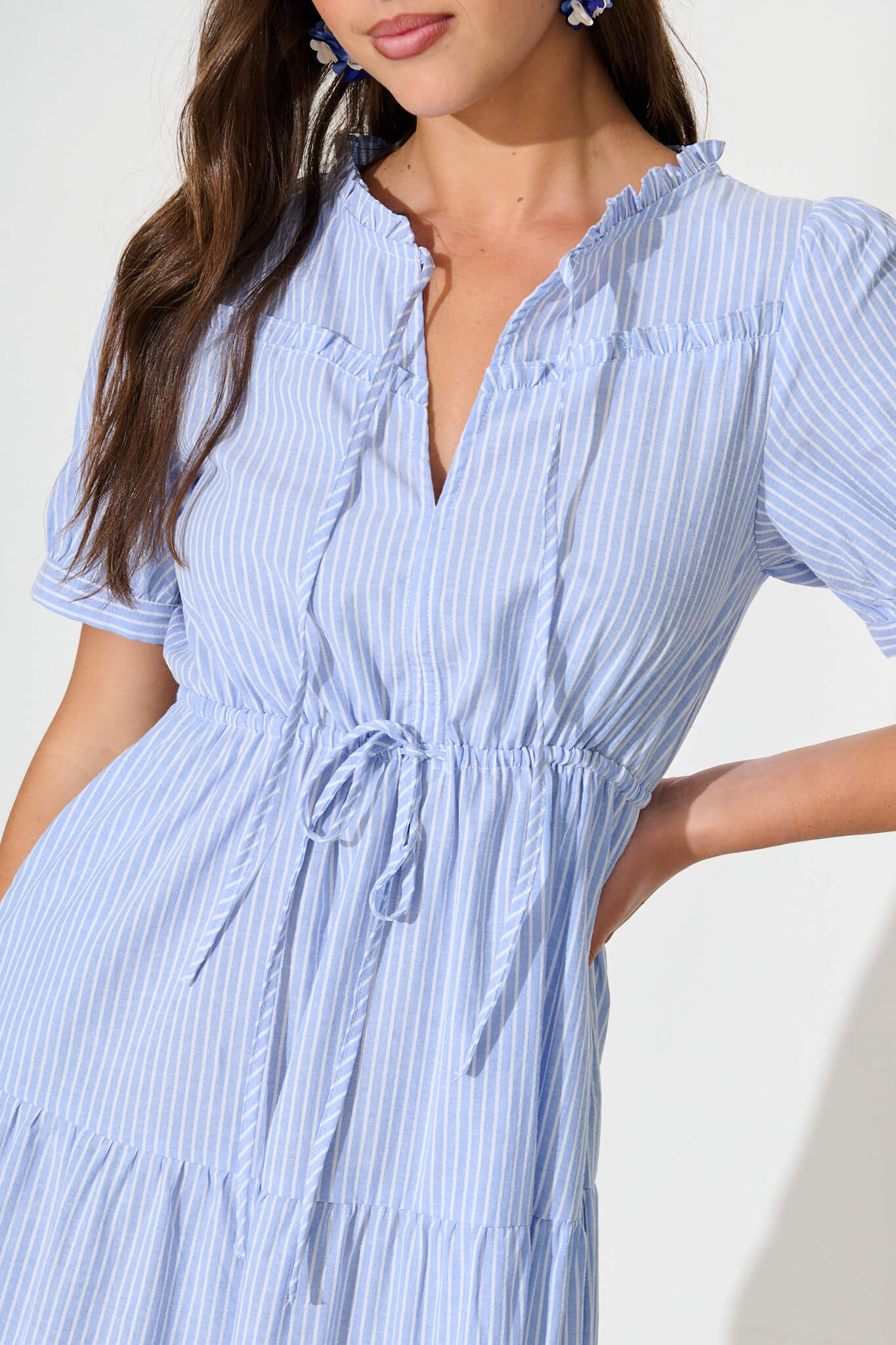Micah Midi Dress in Blue and White Stripe Cotton Blend