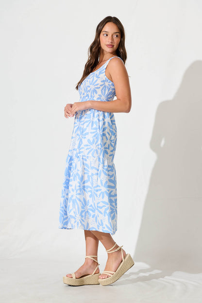 Caribbean Midi Dress In White with Blue Flower