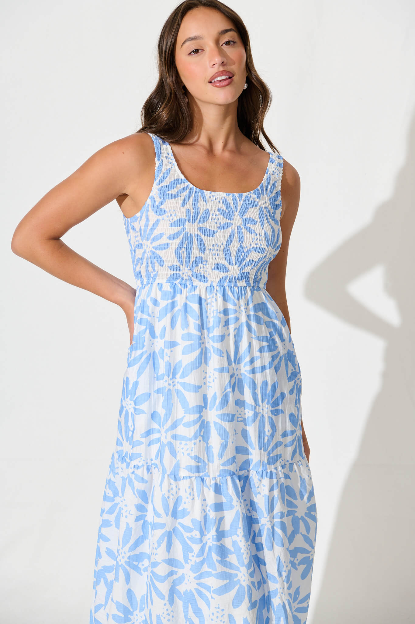 Caribbean Midi Dress In White with Blue Flower