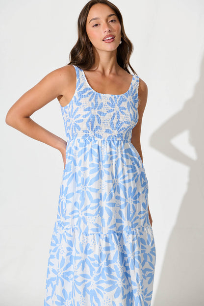 Caribbean Midi Dress In White with Blue Flower