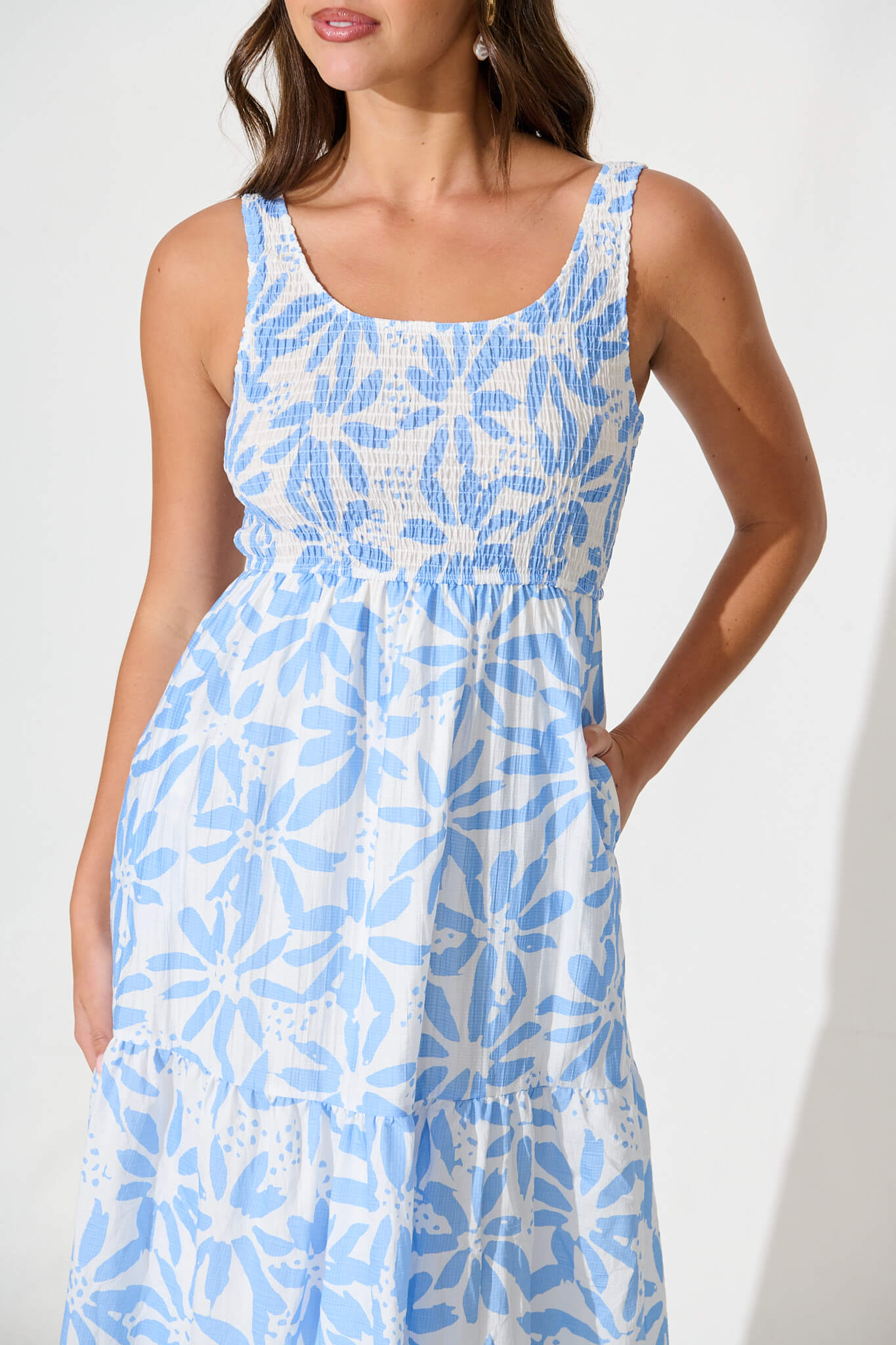 Caribbean Midi Dress In White with Blue Flower