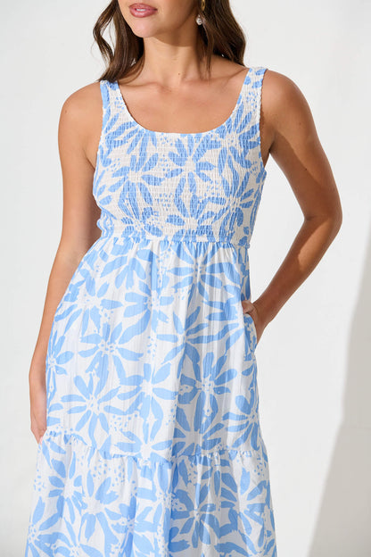 Caribbean Midi Dress In White with Blue Flower