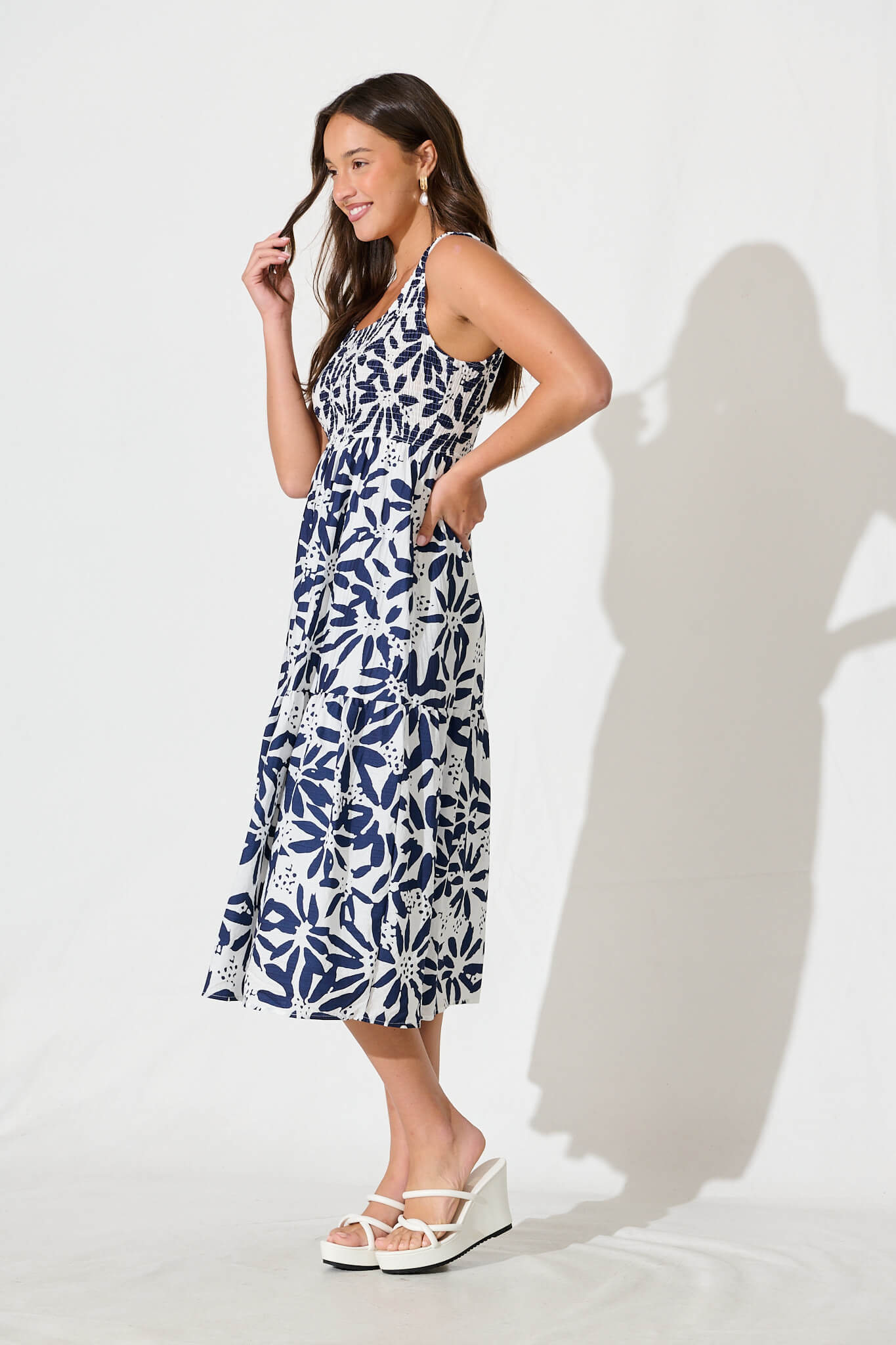 Caribbean Midi Dress In White with Navy Flower