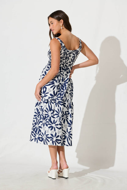 Caribbean Midi Dress In White with Navy Flower