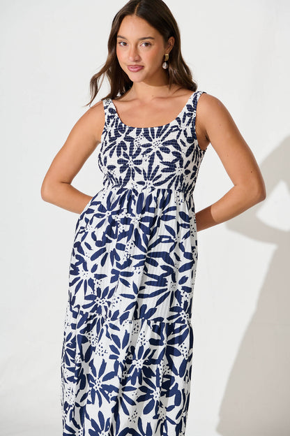 Caribbean Midi Dress In White with Navy Flower