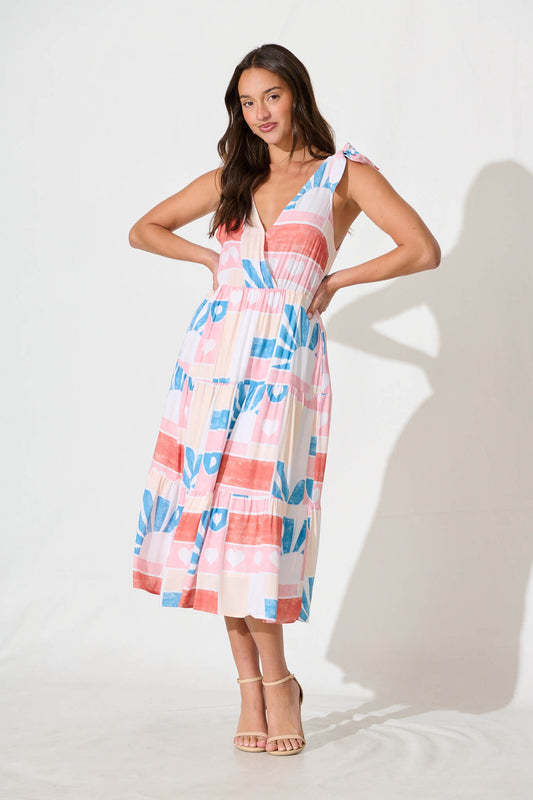 Shailene Midi Dress in White Multi Heart Print