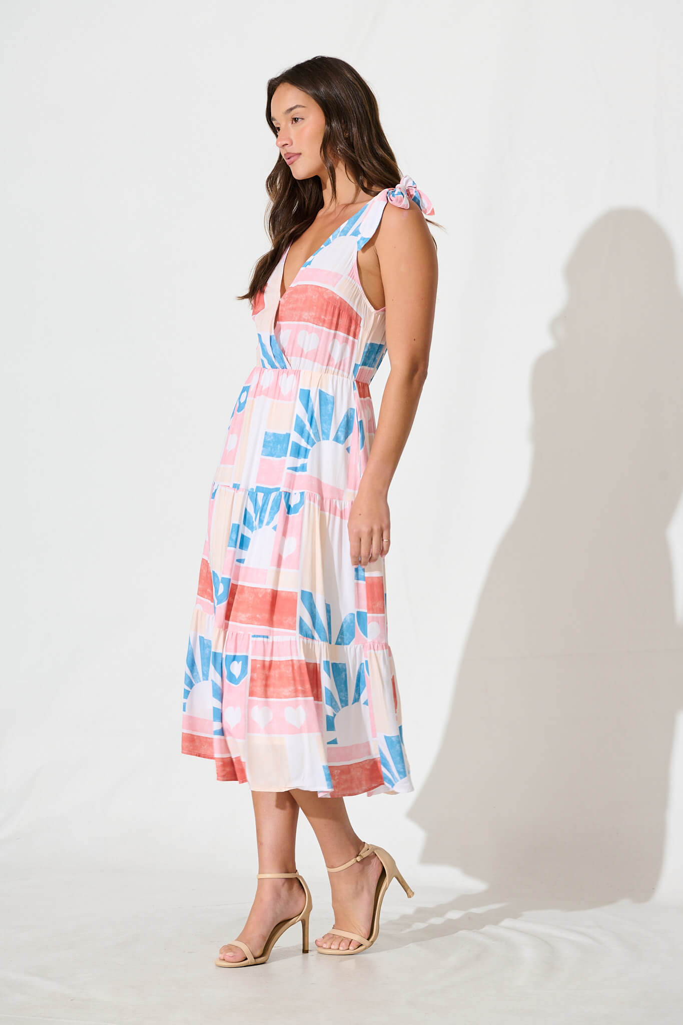 Shailene Midi Dress in White Multi Heart Print