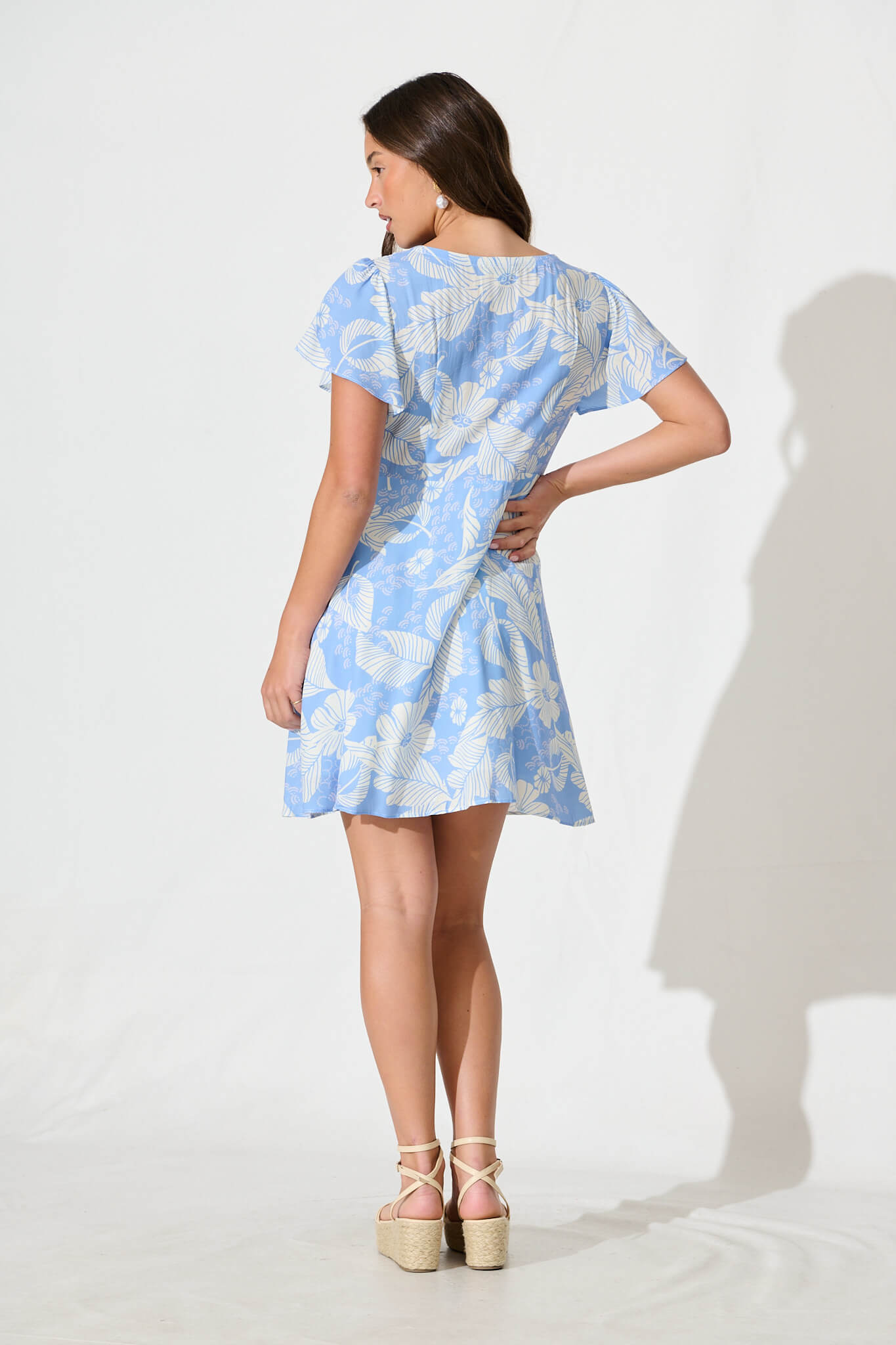Lowelle Dress in Blue with White Floral Leaf Linen Blend