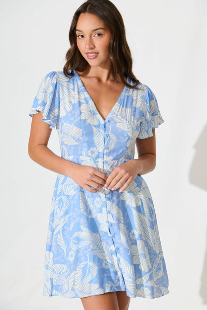 Lowelle Dress in Blue with White Floral Leaf Linen Blend