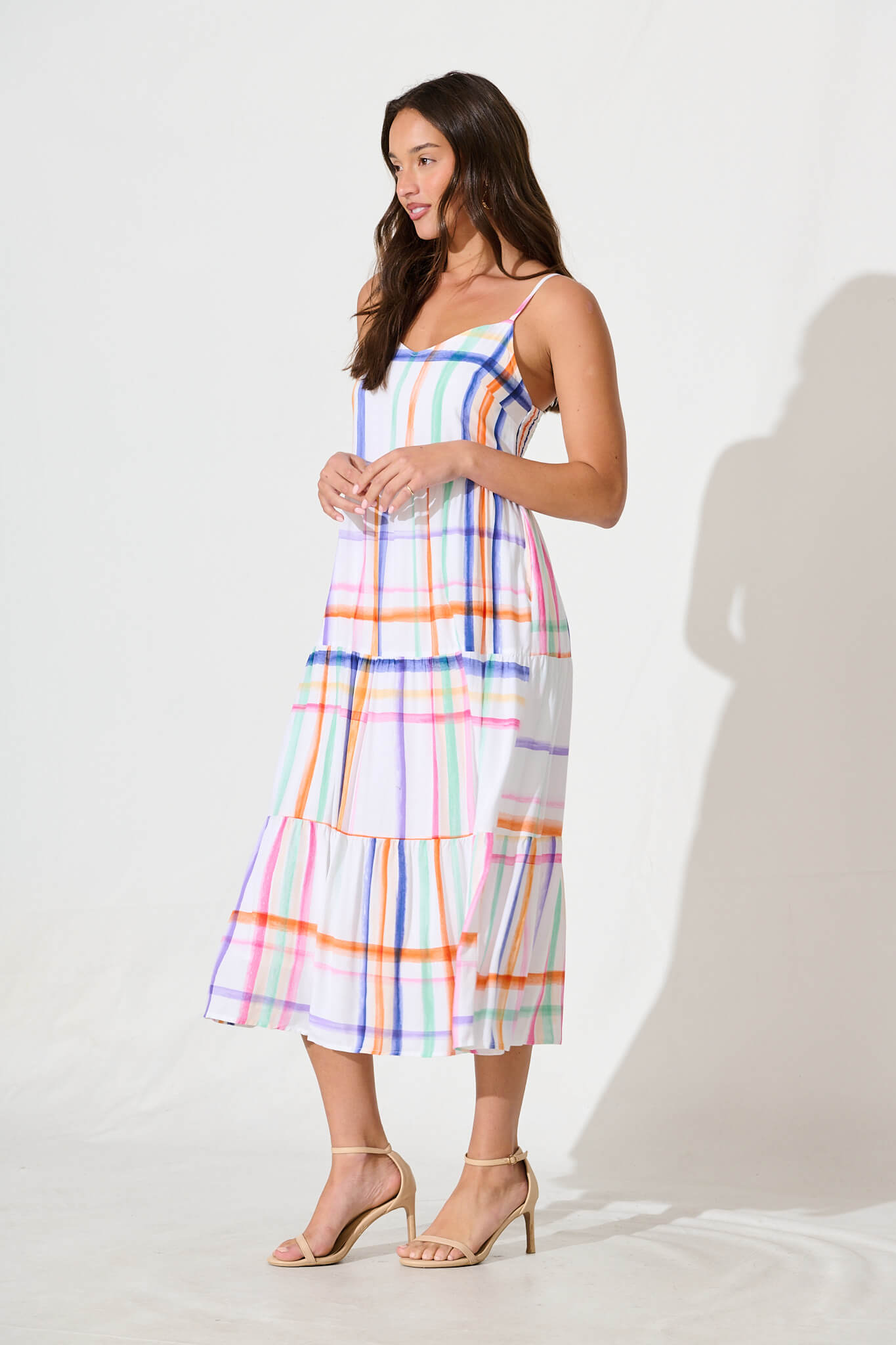 Kavala Midi Sundress in White with Multi Check