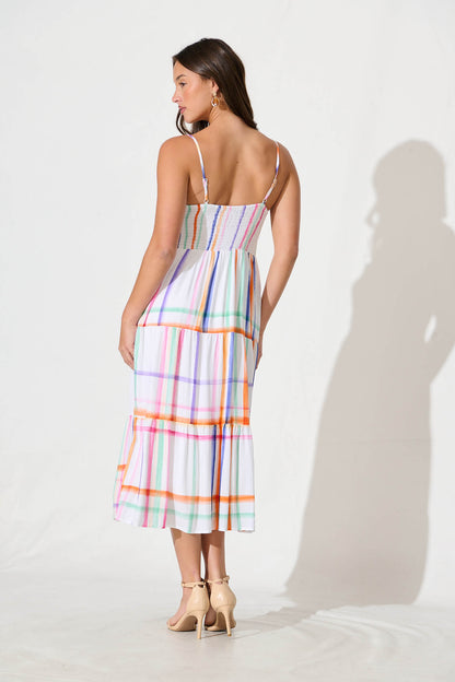 Kavala Midi Sundress in White with Multi Check