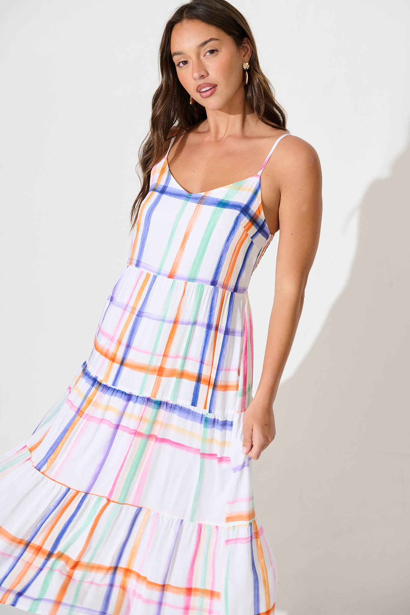 Kavala Midi Sundress in White with Multi Check