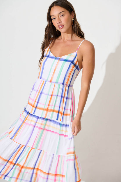 Kavala Midi Sundress in White with Multi Check