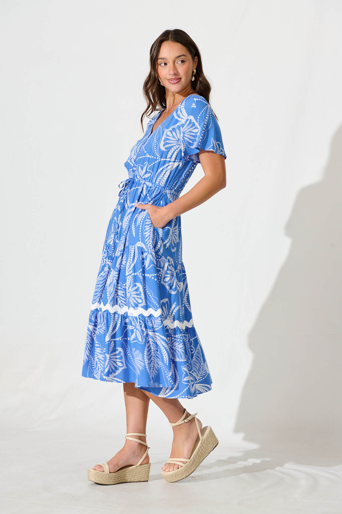 Laconia Midi Dress In Blue Print with Ric Rac Trim