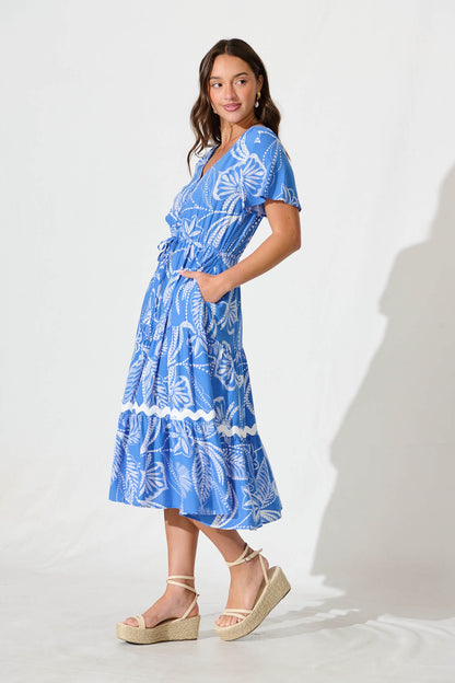 Laconia Midi Dress In Blue Print with Ric Rac Trim