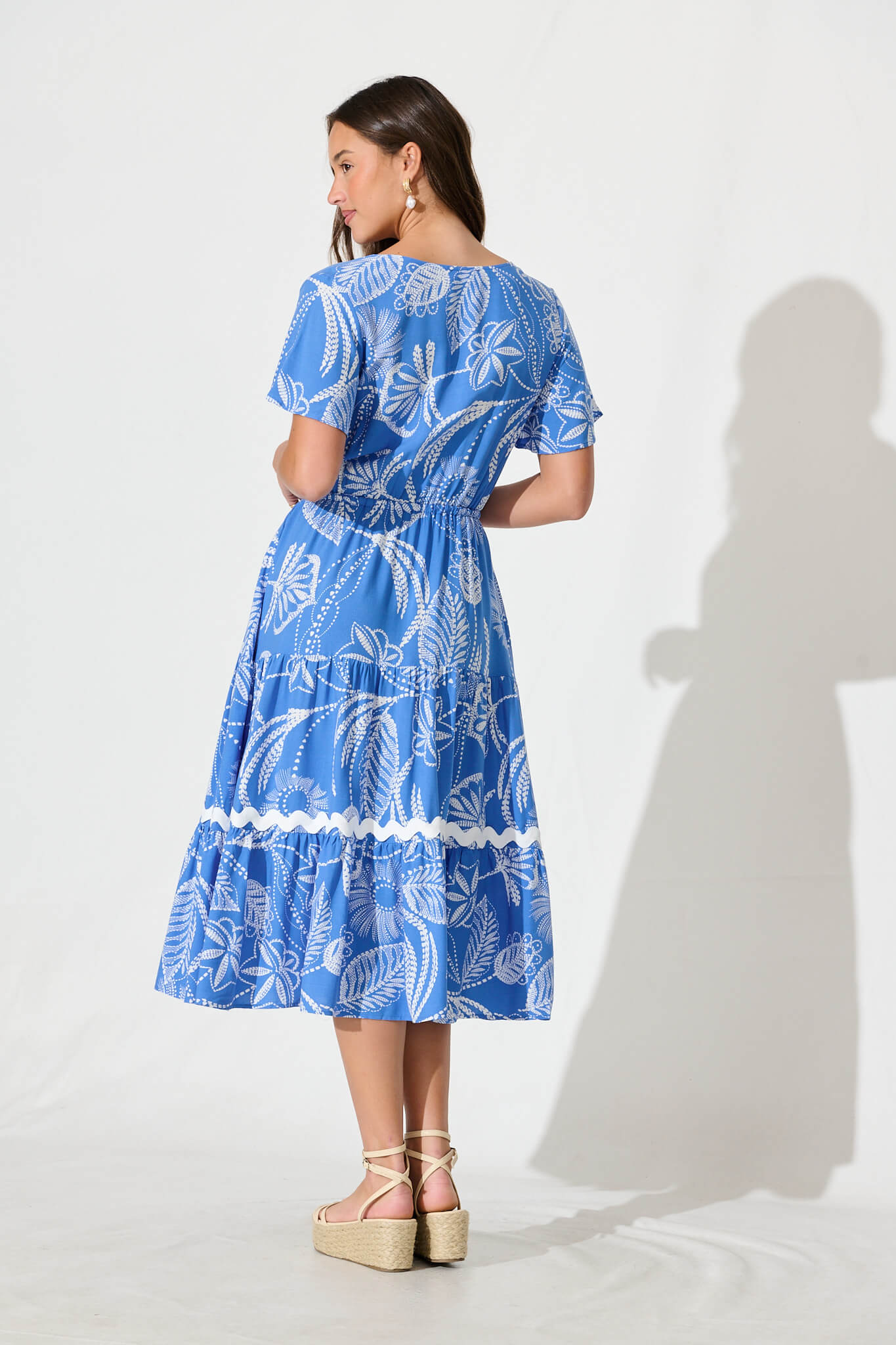 Laconia Midi Dress In Blue Print with Ric Rac Trim
