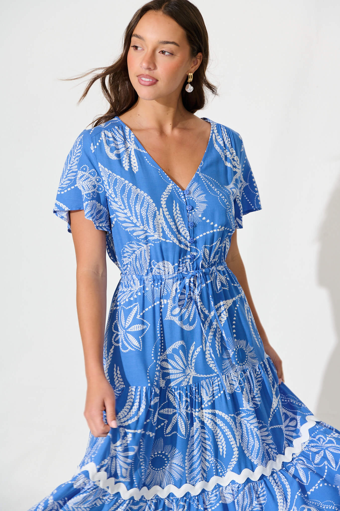 Laconia Midi Dress In Blue Print with Ric Rac Trim